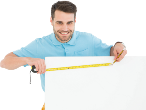 Happy worker measuring blank billboard - Powered by Adobe