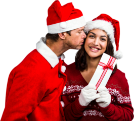 Festive couple exchanging gift