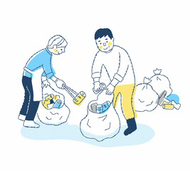 空き缶などのゴミを拾っている男女