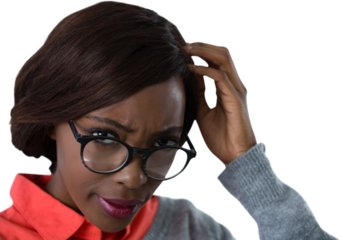 Close up of confused young woman wearing eyeglasses