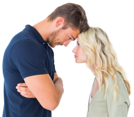 Young couple standing head to head