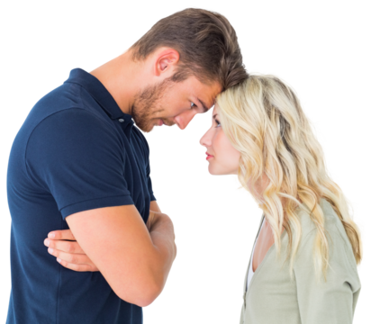 Young couple standing head to head