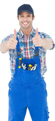 Confident plumber showing thumbs up sign