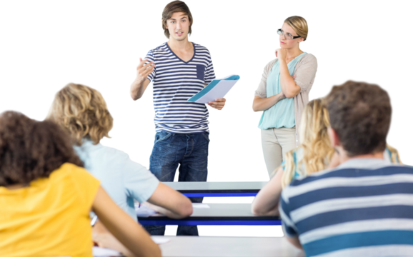 Student explaining notes besides teacher in class - Powered by Adobe