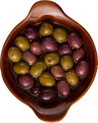 Olives with oil in wooden bowl