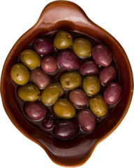 Keuken spatwand met foto Olives with oil in wooden bowl © vectorfusionart