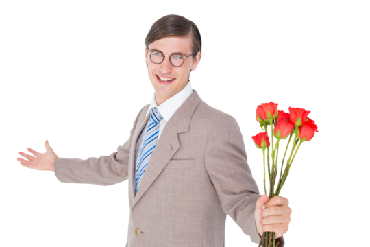Geeky hipster offering bunch of roses - Powered by Adobe