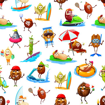 Cartoon nuts, beans on vacation seamless pattern