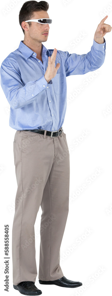 Aufkleber full length of handsome man pointing while using virtual reality headset