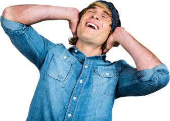 Cheerful hipster listening to music