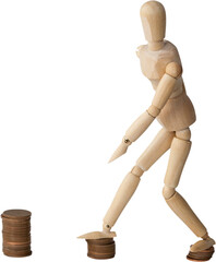 3d image of wooden figurine stepping on coins 