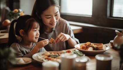Mother and child bonding over a shared activity, such as cooking or crafting. Mother's Day. Generative AI