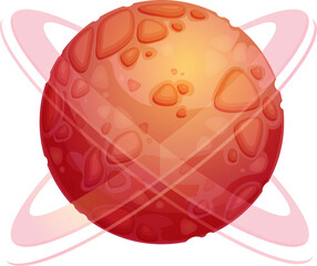 Cartoon red space planet with craters and rings