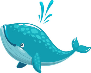 Cartoon whale character with water cascade splash