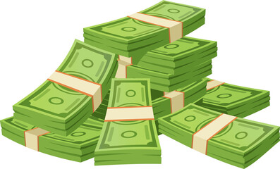 Cartoon paper banknotes, money cash, currency pile