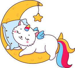 Cartoon cute caticorn character sleep on moon