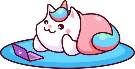 Cartoon cute kawaii caticorn watching a movie