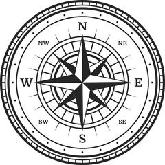 Old compass, vintage map wind rose, vector travel