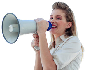 Naklejka premium Beautiful businesswoman shouting through megaphone