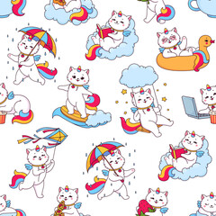 Cute cartoon caticorn characters seamless pattern
