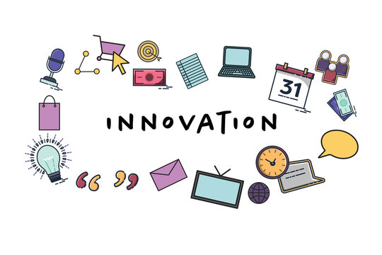 Innovation text amidst various icons