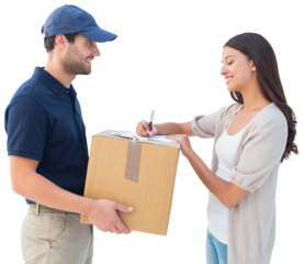 Happy delivery man with customer