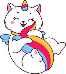 Cartoon cute caticorn character playing with tail