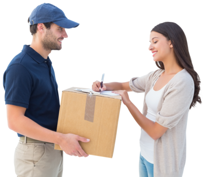 Happy delivery man with customer