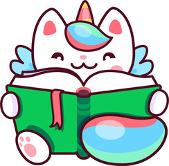 Cartoon cute kawaii caticorn character read a book