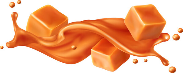Caramel sauce wave flow splash with toffee 3d - obrazy, fototapety, plakaty