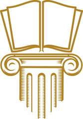 Opened book on antique column icon or symbol