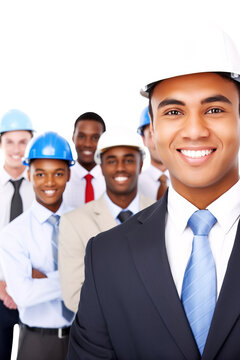 Group of multi racial workers wearing smoling and work helmet. Smiling. Cut out on white background