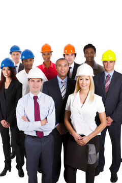 Group of multi racial male and female workers wearing smoling and work helmet. Smiling. Cut out on white background