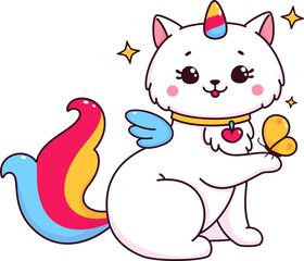 Cartoon cute caticorn playing with butterfly