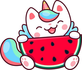 Cartoon kawaii caticorn character with watermelon