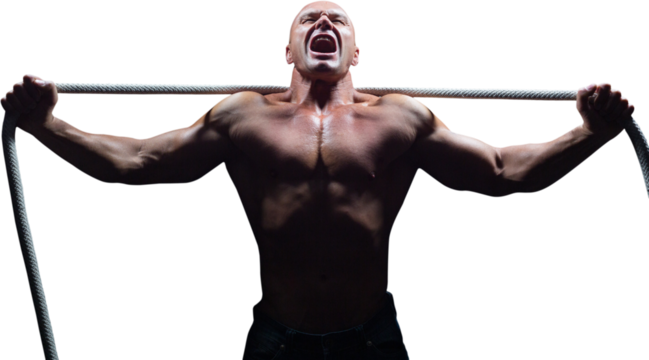 Aggressive man with arms outstretched holding rope - Powered by Adobe