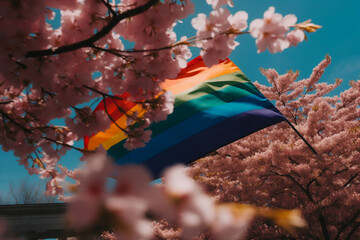 Lgbt+ flag on spring cherry blossom - Created using generative Ai