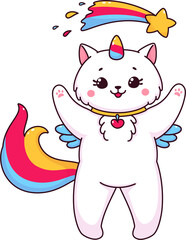 Obraz premium Cartoon cute caticorn character play with comet