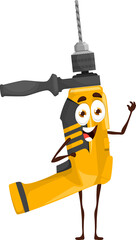 Cartoon drill tool character, carpentry instrument