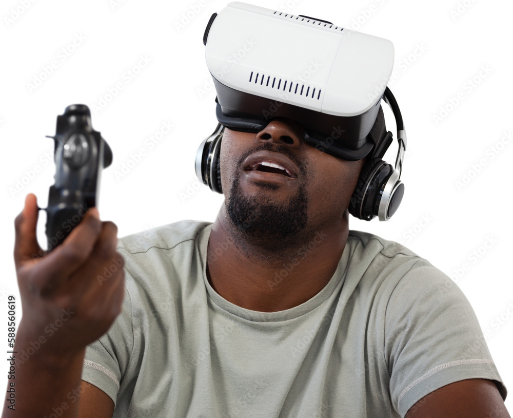 Poster man using virtual reality headset and playing video game