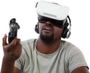 Man using virtual reality headset and playing video game