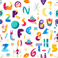 Kids space cartoon letters and numbers pattern