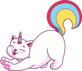 Cute caticorn character stretching with joy