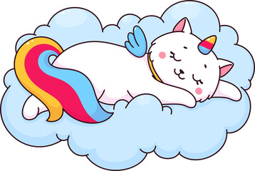 Unicorn caticorn cat sleeping on soft fluffy cloud