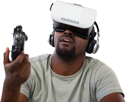 Man using virtual reality headset and playing video game