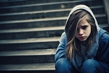 Depressed and sad teenage girl sitting in stairs. Generative AI