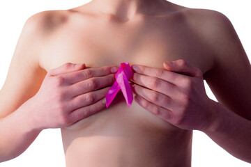 Nude woman with breast cancer ribbon