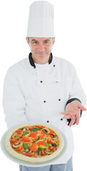 Chef displaying delicious pizza