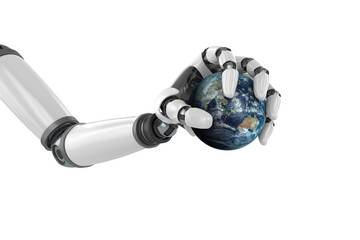 Digital image of robot hand holding globe