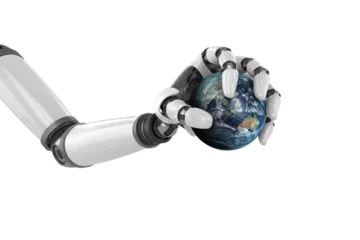 Foto op Canvas Digital image of robot hand holding globe © vectorfusionart